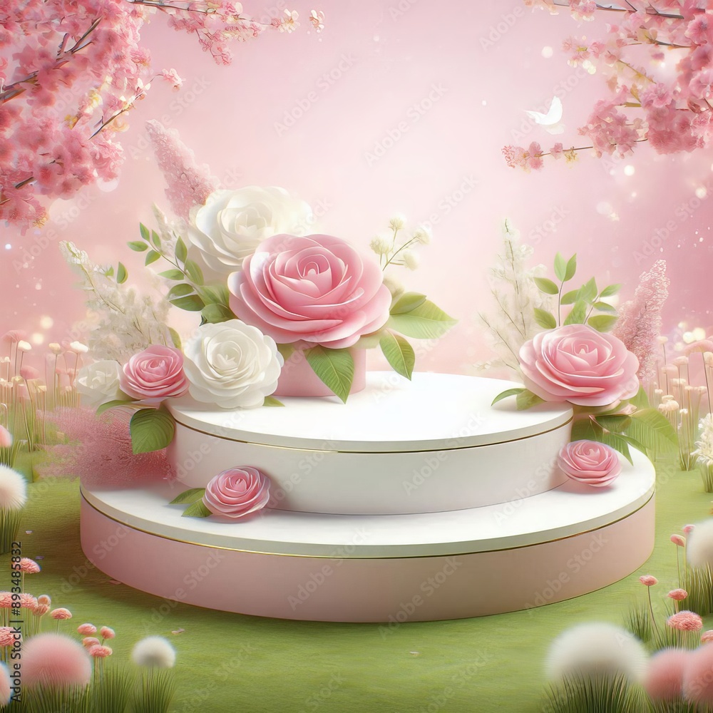 Podium background flower rose product pink 3d spring table beauty stand display nature white. Garden rose floral summer background podium cosmetic valentine easter field scene gift purple day romantic Podium background flower rose product pink 3d spring table beauty stand display nature white. Garden rose floral summer background podium cosmetic valentine easter field scene gift purple day romantic