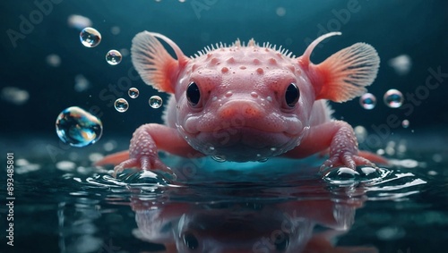 Cute Axolotl Playfully Swims Amid Water Bubbles photo