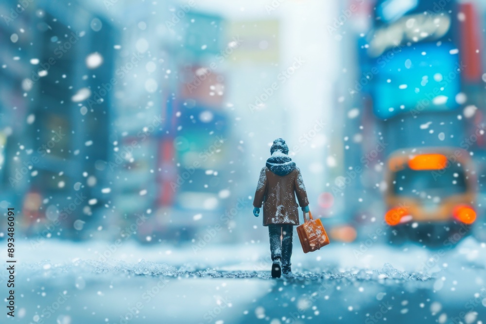 A mini figure commuting through a snowy cityscape, bundled up in a coat and scarf A mini figure commuting through a snowy cityscape, bundled up in a coat and scarf