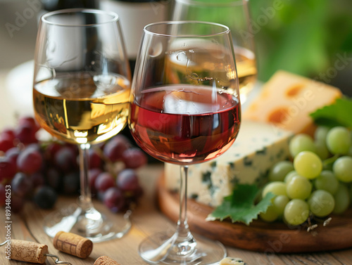 Glasses of White and Red Wine With Cheese and Grapes on Wooden Table