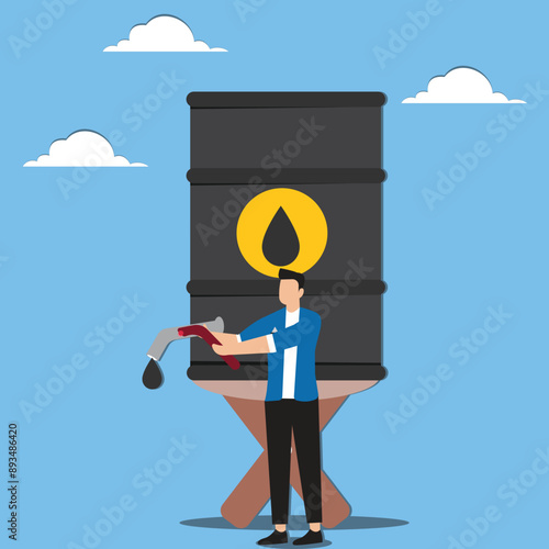 Global crude oil shortage, the amount of crude oil reserves is getting smaller, world oil crisis concept, sad businessman leaning on a dead crude oil tap from an empty barrel