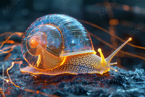 A wireframe rendering of a snail on a glowing translucent background. The image features intricate lines and details to form the snail's shape, creating a futuristic and digital aesthetic. The glowing