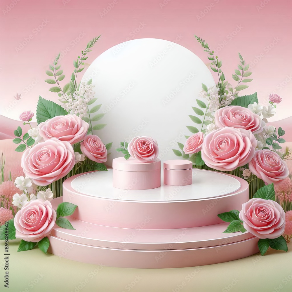 Podium background flower rose product pink 3d spring table beauty stand display nature white. Garden rose floral summer background podium cosmetic valentine easter field scene gift purple day romantic Podium background flower rose product pink 3d spring table beauty stand display nature white. Garden rose floral summer background podium cosmetic valentine easter field scene gift purple day romantic