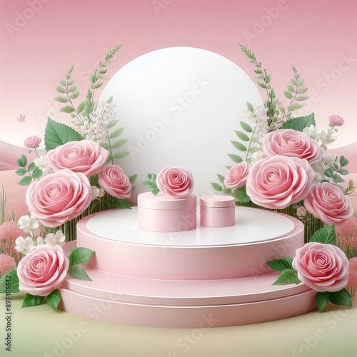 Podium background flower rose product pink 3d spring table beauty stand display nature white. Garden rose floral summer background podium cosmetic valentine easter field scene gift purple day romantic