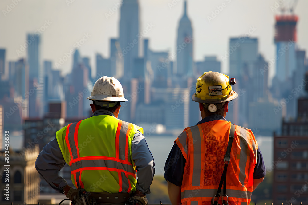 Obraz premium Transit workers in reflective vests and hard hats taking a break to admire Manhattan skyline in New York City