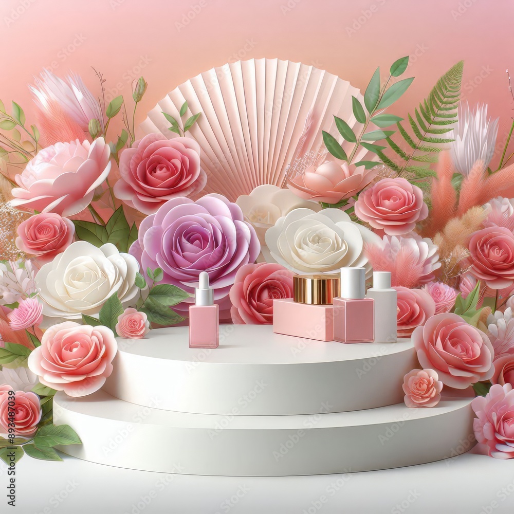Podium background flower rose product pink 3d spring table beauty stand display nature white. Garden rose floral summer background podium cosmetic valentine easter field scene gift purple day romantic Podium background flower rose product pink 3d spring table beauty stand display nature white. Garden rose floral summer background podium cosmetic valentine easter field scene gift purple day romantic