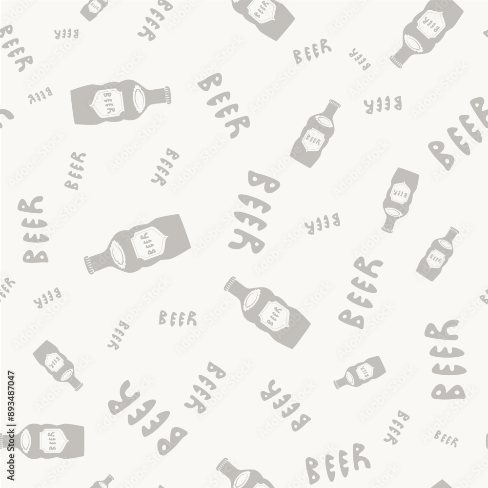 Beer bottle and the word Beer seamless vector pattern background. Hand-drawn alcoholic drinks bottles and text scattered backdrop. Neutral ecru beige white repeat. Retro lettering style. Beer bottle and the word Beer seamless vector pattern background. Hand-drawn alcoholic drinks bottles and text scattered backdrop. Neutral ecru beige white repeat. Retro lettering style.
