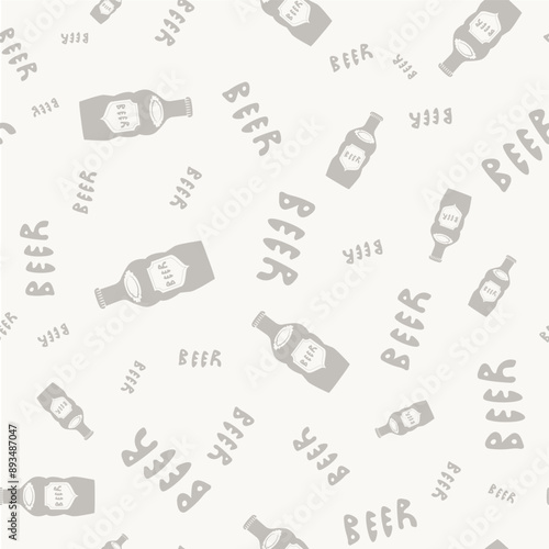 Beer bottle and the word Beer seamless vector pattern background. Hand-drawn alcoholic drinks bottles and text scattered backdrop. Neutral ecru beige white repeat. Retro lettering style.