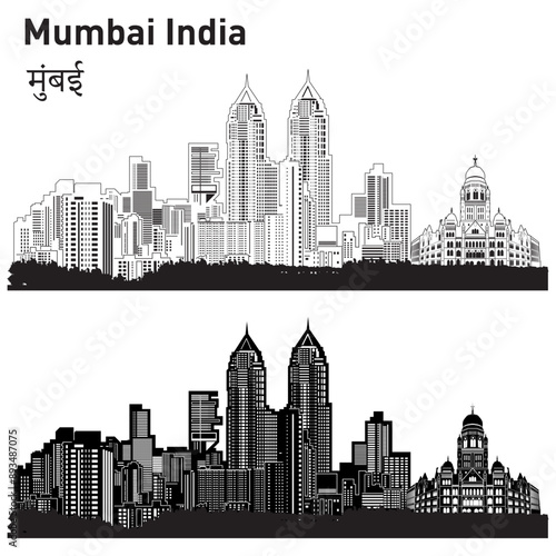 The Vector Mumbai Skyline Silhouette Clipart captures the city's iconic architecture, showcasing landmarks like the Gateway of India. Ideal for enhancing presentations, designs, and promotion
