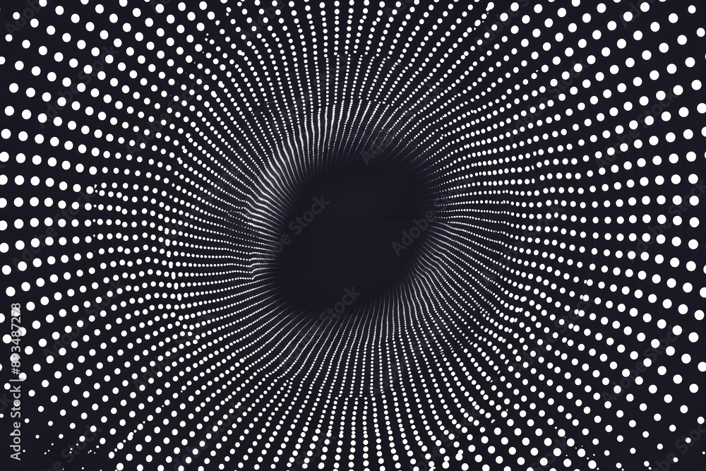 Hypnotic spiral pattern of white dots on black background, creating optical illusion of depth and movement in abstract geometric design Hypnotic spiral pattern of white dots on black background, creating optical illusion of depth and movement in abstract geometric design