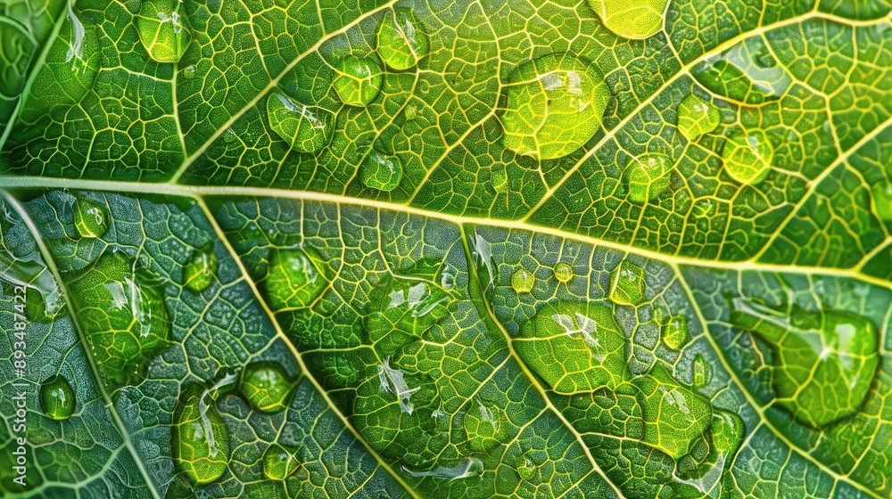 Obraz premium Zoomed-in view of a leaf with fresh morning dew drops and intricate patterns