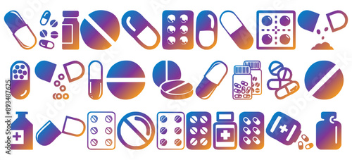 Capsule and pill mega bundle icon. Medicine in drugstore icon