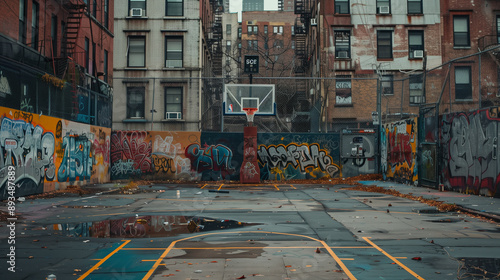 a backyard in the bronx with a basketball court and walls with graffitis