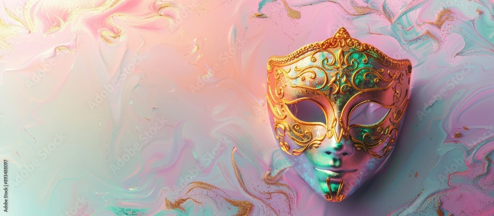 Festive Purim and Mardi Gras background banner design with a golden Venetian carnival mask on a pastel backdrop perfect for a copy space image Festive Purim and Mardi Gras background banner design with a golden Venetian carnival mask on a pastel backdrop perfect for a copy space image