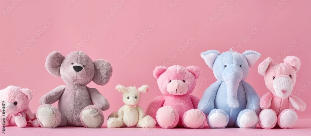 Plush toys positioned on a pink background with copy space image Plush toys positioned on a pink background with copy space image