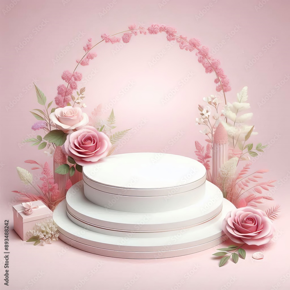 Podium background flower rose product pink 3d spring table beauty stand display nature white. Garden rose floral summer background podium cosmetic valentine easter field scene gift purple day romantic Podium background flower rose product pink 3d spring table beauty stand display nature white. Garden rose floral summer background podium cosmetic valentine easter field scene gift purple day romantic