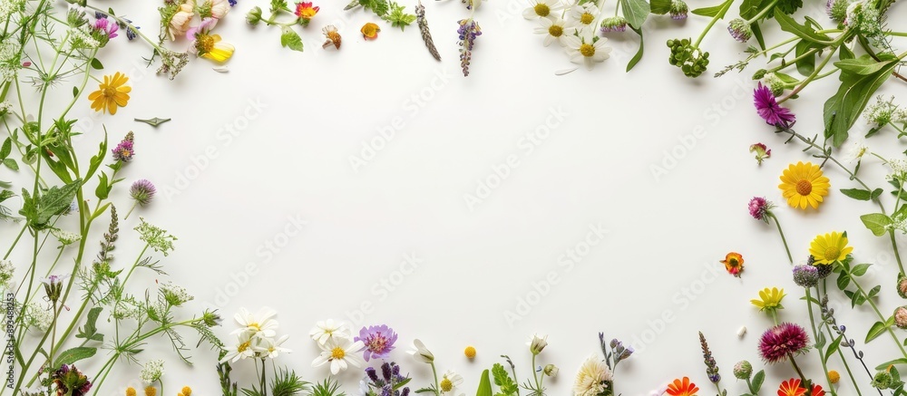 Fototapeta premium Round frame wreath of spring wildflowers on white background top view flat lay with copy space image