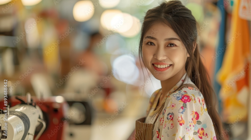 Designer wedding fashion smiling confident Asian woman. SME woman starts a small wedding shop business. Businesswoman textile designer with sewing machine in shop