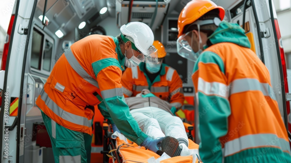 Emergency Medical Response Team Transporting Heart Attack Patient into Ambulance for Urgent Care Emergency Medical Response Team Transporting Heart Attack Patient into Ambulance for Urgent Care