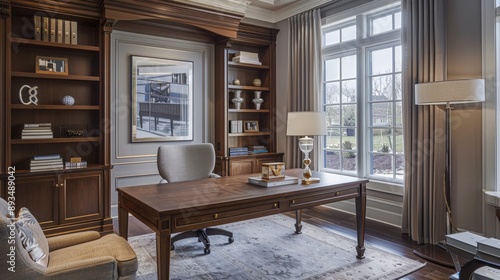 Wallpaper Mural A sophisticated transitional study room with a large wooden desk Torontodigital.ca