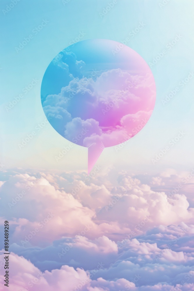 A colorful gradient chat bubble above clouds A colorful gradient chat bubble above clouds