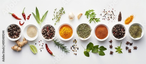 Fototapeta Naklejka Na Ścianę i Meble -  A variety of Indian spices and herbs like chili turmeric oregano and others are neatly arranged on a white surface from a top view providing ample space for incorporating food vegetables spices or ot