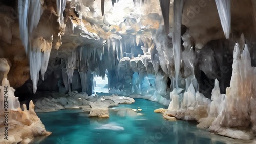 Underground landscape with stalactites and stalagmites. AI