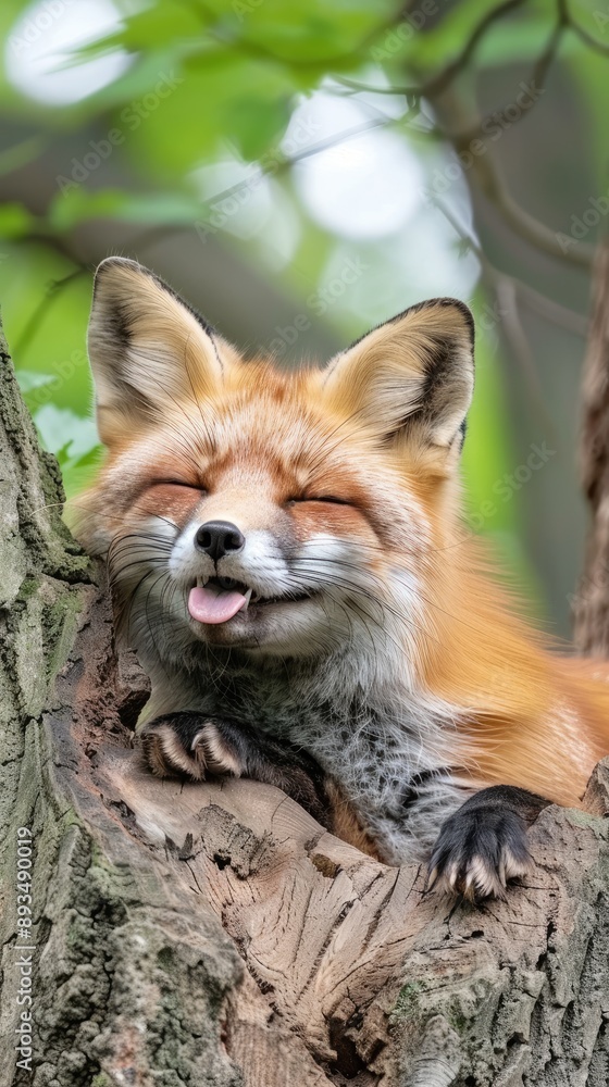 Obraz premium A red fox rests inside a hollow log during the day, with its eyes closed and its tongue sticking out