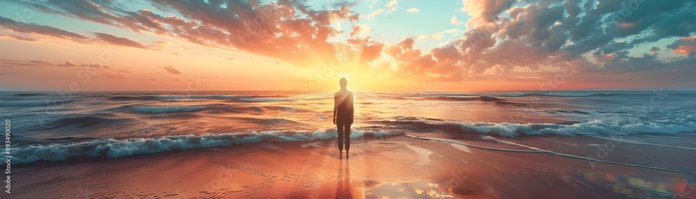 Person Embracing New Possibilities at the Ocean Sunrise Horizon Person Embracing New Possibilities at the Ocean Sunrise Horizon