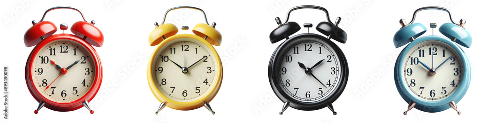 classic alarm clock in different colors: black, red, yellow, blue classic alarm clock in different colors: black, red, yellow, blue