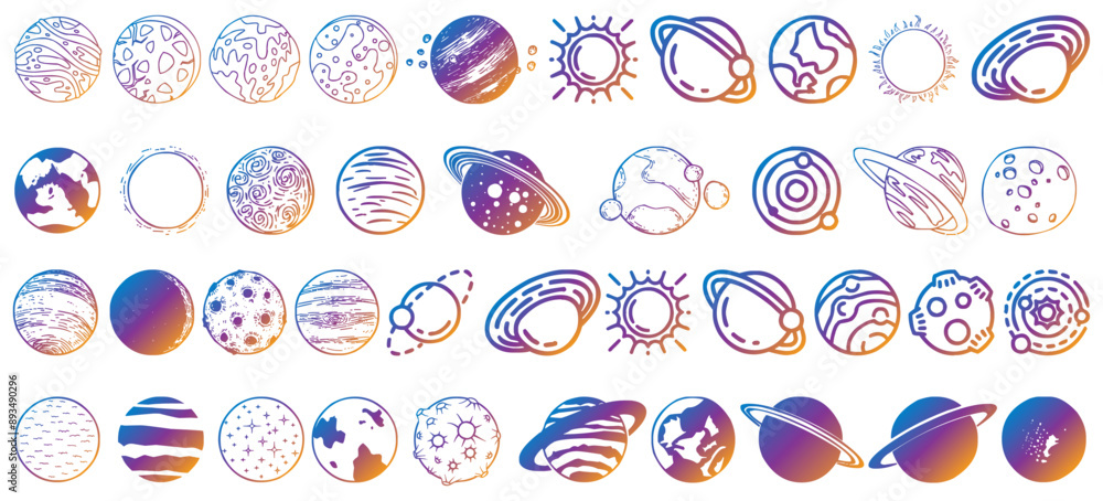 Asteroid and space icon set. Planet and star element collection Asteroid and space icon set. Planet and star element collection