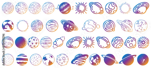Asteroid and space icon set. Planet and star element collection