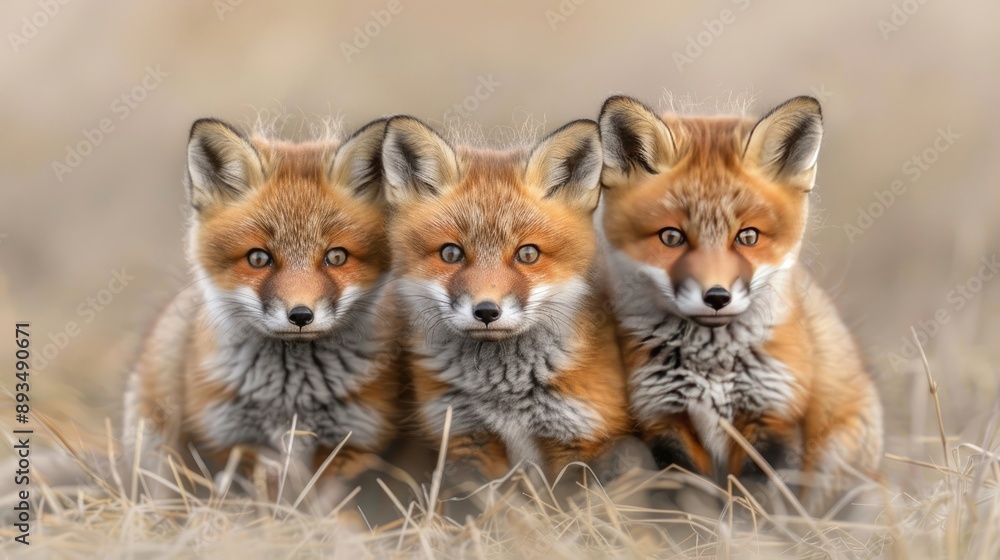 Four red foxes stand in a group, partially hidden by lush greenery, with their heads turned to look off-camera Four red foxes stand in a group, partially hidden by lush greenery, with their heads turned to look off-camera