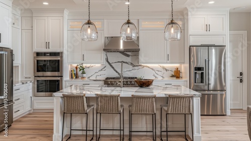 A stylish kitchen with white shaker cabinets