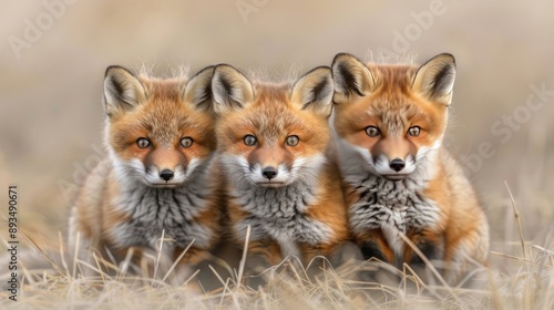 Four red foxes stand in a group, partially hidden by lush greenery, with their heads turned to look off-camera