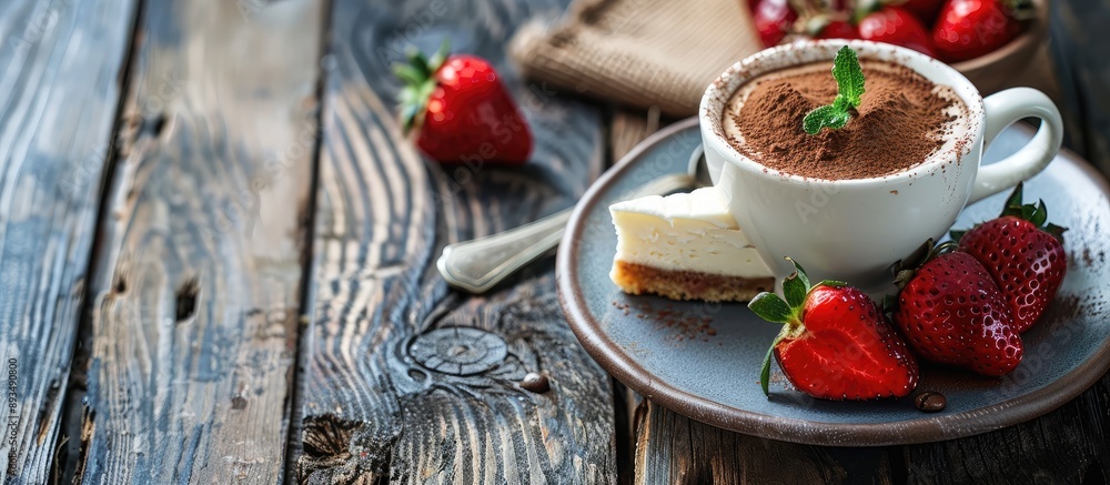 Coffee and cheesecake with strawberries on a wooden background ideal for adding text over for social media or a menu as it features copy space image Coffee and cheesecake with strawberries on a wooden background ideal for adding text over for social media or a menu as it features copy space image