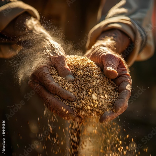 sunweathered hands of an elderly farmer sifting golden wheat grains warm sunset light bathes the scene emphasizing textures and creating a poignant portrait of agricultural life photo