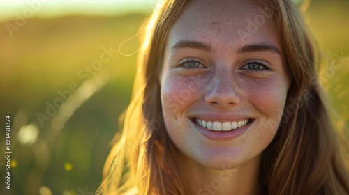 A happy woman is smiling in a sunny grass field, suitable for use as a background or in lifestyle images