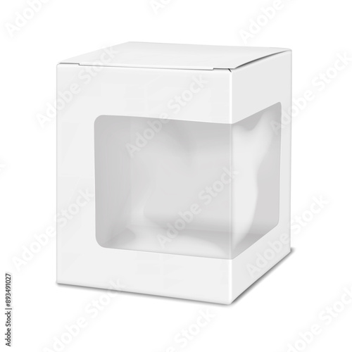 White blank square paper box with plastic window. Realistic 3d vector mock-up. Windowed cardboard gift box. Mockup. Empty paperboard cube container packaging. Template for design