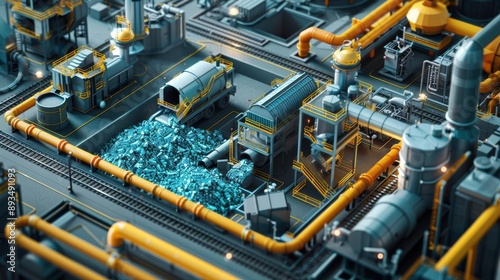 Conceptual graphic of industrial machinery recycling materials in a closed-loop system emphasizing sustainability and eco-friendly practices