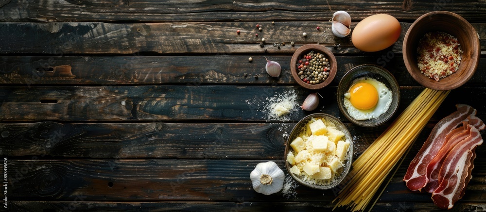 Ingredients for traditional Italian Pasta Carbonara like bacon spaghetti parmesan egg yolk and garlic on a dark wooden table with a top view and copy space image Ingredients for traditional Italian Pasta Carbonara like bacon spaghetti parmesan egg yolk and garlic on a dark wooden table with a top view and copy space image