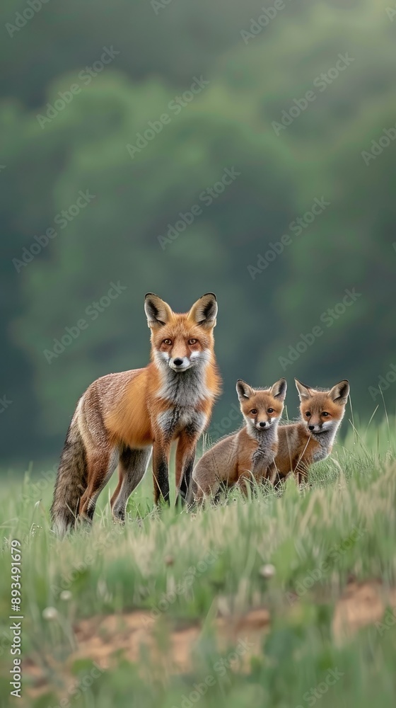 Fototapeta premium Four red foxes stand in a group, partially hidden by lush greenery, with their heads turned to look off-camera