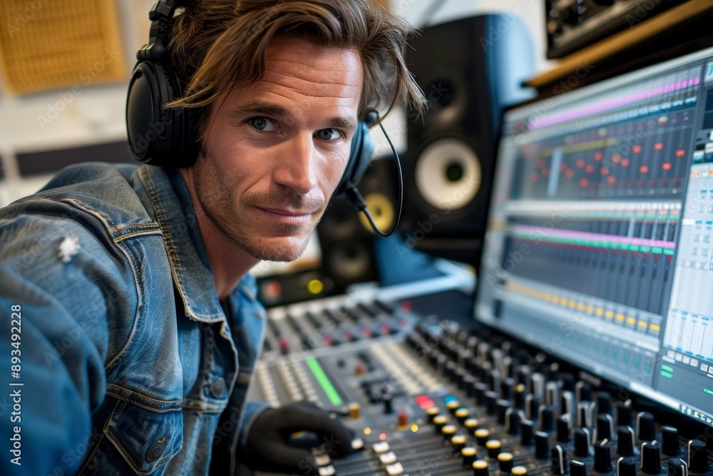 With a digital audio workstation on screen, an audio engineer adjusts the mixing desk. With a digital audio workstation on screen, an audio engineer adjusts the mixing desk.
