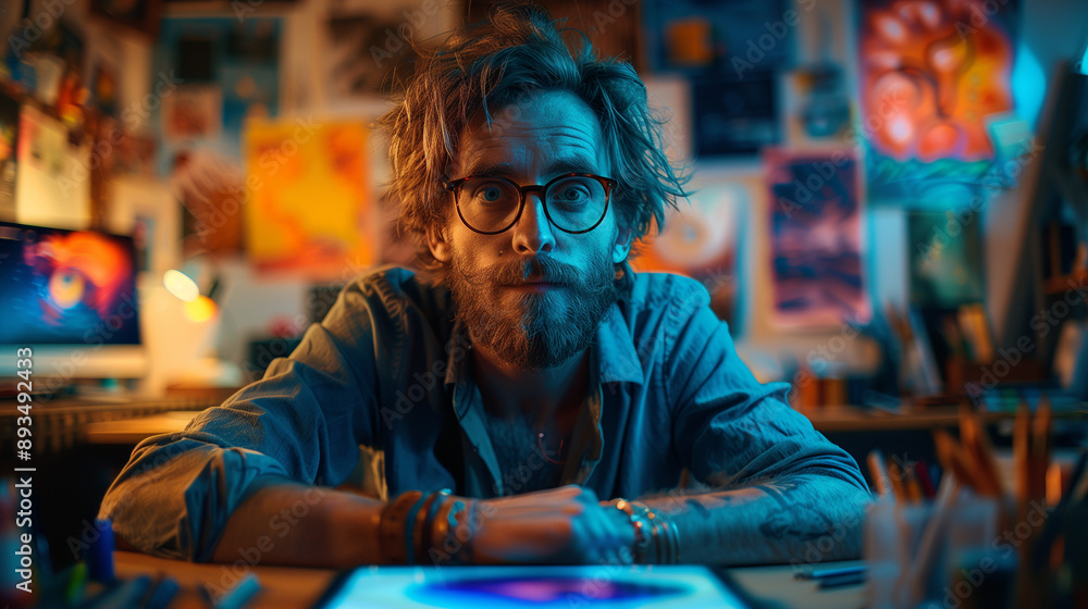 dedicated graphic designer working late in a creative studio, surrounded by vibrant art and digital tools, focused on innovative design dedicated graphic designer working late in a creative studio, surrounded by vibrant art and digital tools, focused on innovative design