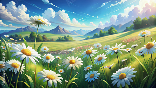 Fototapeta Naklejka Na Ścianę i Meble -  Anime illustration of beautiful field meadow flowers chamomile as a nature landscape background.