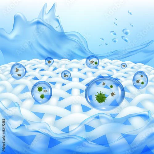 Washing powder cleans dirt and stains from clothing fibers. Close-up view. Stock vector illustration