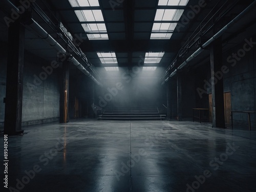 Dark room studio with foggy concrete floor