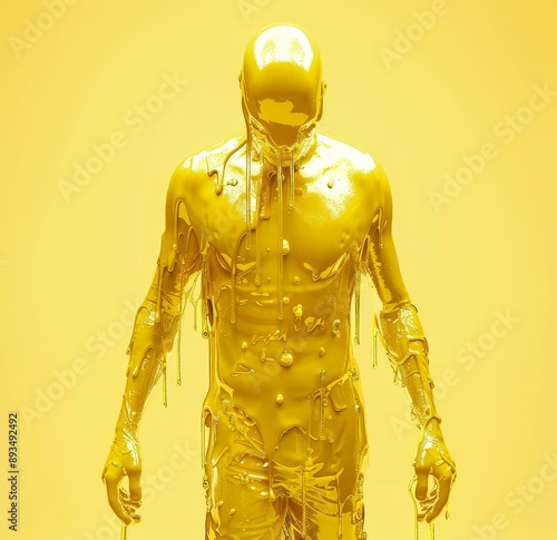 An Androgynous man and woman in yellow liquid flowing smear-covered gel paint have dripped down their faces as they are illuminated by dynamic composition light. A sensual, mysterious, advertising