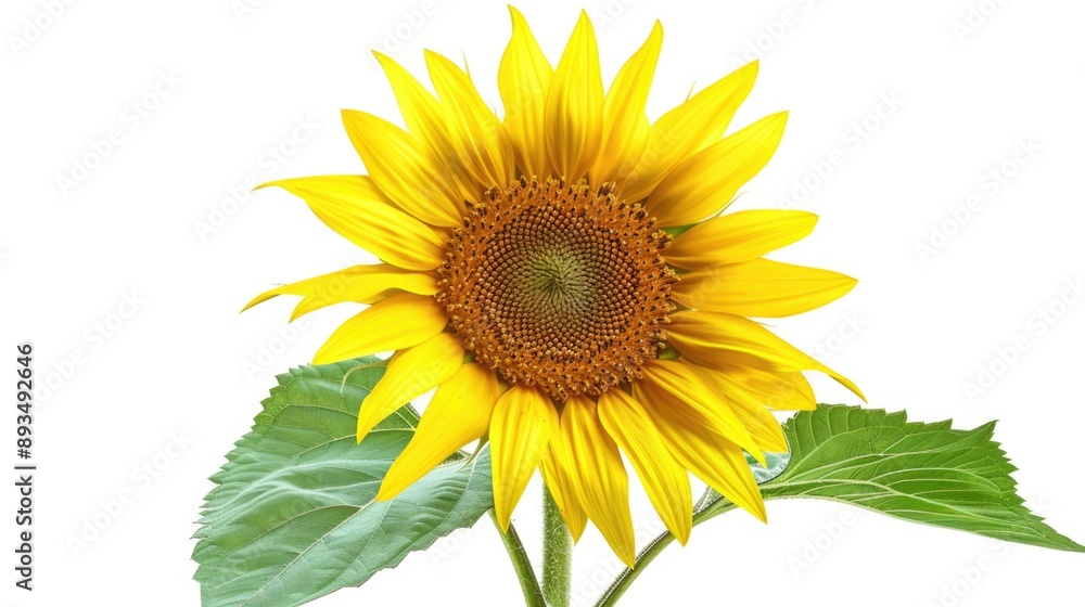 A bright yellow sunflower with green leaves set against a clean white background A bright yellow sunflower with green leaves set against a clean white background