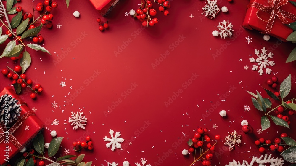Holiday arrangement with snowflakes, mistletoe berries, and gift boxes on a red background Holiday arrangement with snowflakes, mistletoe berries, and gift boxes on a red background